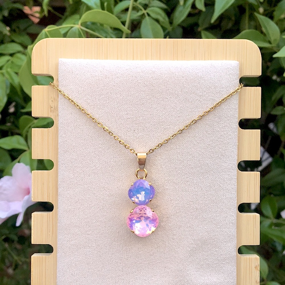 Pink + Periwinkle Purple Blue Opal Aurora Borealis + Gold Drop Pendant Necklace - Picture 3 of 12